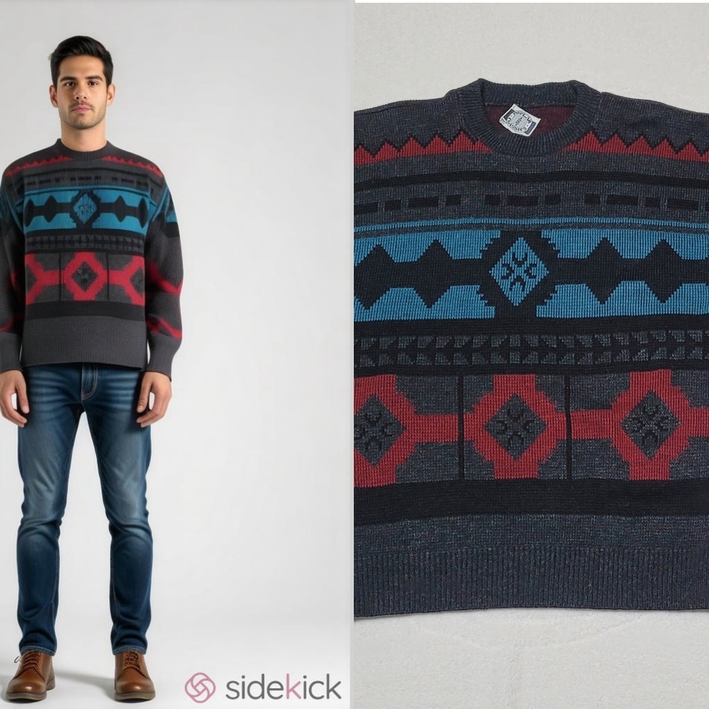 Poplar Classics 70s Vintage Gray Teal Aztec Print Knit Crewneck Tapered Sweater